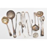 A SMALL PARCEL OF LATE VICTORIAN TO GEORGE V ASSORTED SUGAR TONGS, SIFTER SPOONS, ETC, comprising