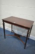 A FRENCH STYLE MAHOGANY RECTANGULAR CENTRE TABLE, on square reeded legs, united by a cross