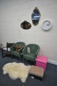 A SELECTION OF OCCASIONAL FURNITURE, to include two oval wall mirrors, a circular wall clock, two