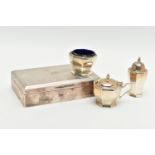 AN ELIZABETH II RECTANGULAR SILVER CIGARETTE BOX AND AN ELIZABETH II SILVER THREE PIECE CRUET SET OF