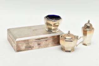 AN ELIZABETH II RECTANGULAR SILVER CIGARETTE BOX AND AN ELIZABETH II SILVER THREE PIECE CRUET SET OF