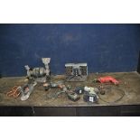 A SELECTION OF POWER TOOLS comprising of a Crewe polisher, a Performance Power bench grinder, a