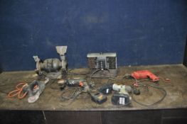 A SELECTION OF POWER TOOLS comprising of a Crewe polisher, a Performance Power bench grinder, a