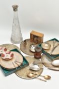 A BOX OF SILVER, PLATE, WHITE METAL, TREEN AND CERAMICS, including a pair of small white metal