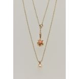 TWO PENDANT NECKLACES, the first pendant set with seed pearls and coral, fitted with a tapered bail,