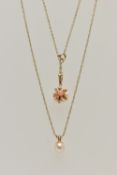 TWO PENDANT NECKLACES, the first pendant set with seed pearls and coral, fitted with a tapered bail,