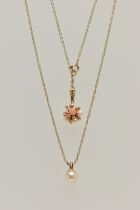 TWO PENDANT NECKLACES, the first pendant set with seed pearls and coral, fitted with a tapered bail,