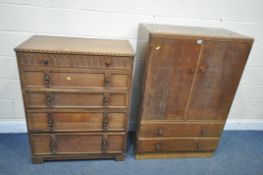 AN EARLY TO MID 20TH CENTURY OAK TWO DOOR CABINET, with two drawers, width 84cm x depth 47cm x