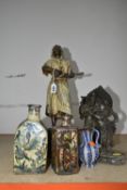 TWO FLORAL PERSIAN QAJAR POTTERY TEA FLASKS, A CARVED SOAPSTONE FIGURE OF TWO EASTERN DEITIES, A
