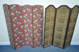 AN EDWARDIAN MAHOGANY THREE FOLD SCREEN, with a fabric panel, overall width 140cm x height 168cm,