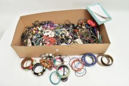 A BOX OF ASSORTED COSTUME JEWELLERY, to include a selection of beaded necklaces, bracelets and