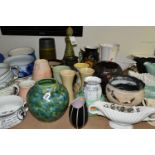 A GROUP OF CERAMIC VASES, CHAMBER POTS AND PLANTERS, to include a Clews & Co Chameleon Ware green