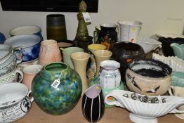 A GROUP OF CERAMIC VASES, CHAMBER POTS AND PLANTERS, to include a Clews & Co Chameleon Ware green