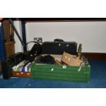 TWO BOXES AND LOOSE PHOTOGRAPHIC LENSES, SINGER SEWING MACHINE, PLAYING CARDS AND SUNDRY ITEMS, to