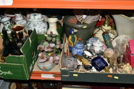 THREE BOXES OF GLASSWARE, CERAMICS AND ORNAMENTS, to include eight vintage green glass bottles,