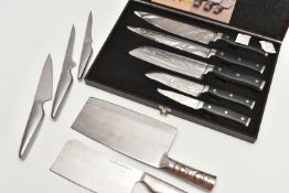 AN ASSORTMENT OF KITCHEN KNIVES, to include a cased set of five stainless steel chefs knives,