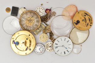 A BAG OF WATCH PARTS, used conditions, require attention, movements, glass fronts, dials, also