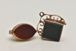 TWO 9CT GOLD FOBS, the first a swivel fob of a lozenge form set with bloodstone and carnelian