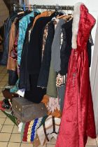 THREE BOXES AND ONE RAIL OF WOMEN'S VINTAGE CLOTHING, clothing seven leather jackets in navy blue,