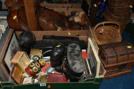 THREE BOXES AND LOOSE ASSORTED SUNDRY ITEMS, including a pair of Frank Nipole 10x50 binoculars,