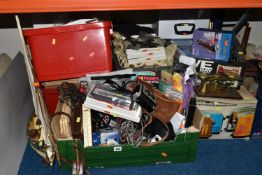 FOUR BOXES OF MISCELLANEOUS SUNDRIES, many items new and unused in original packaging, a model