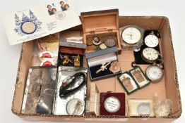 A BOX OF ASSORTED ITEMS, to include two silver open face pocket watches, a 'Ingersoll open face