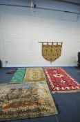 A SELECTION OF RUGS AND TAPESTRIES, to include a faux silk red rug, 204cm x 136cm, classical scene