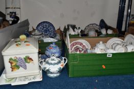 THREE BOXES OF TEAWARE AND CERAMICS, to include a red and white Adams ironstone tea set, a Runtons