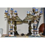 A PAIR OF ITALIAN MANGANI PORCELAIN AND GILT METAL CANDELABRA, five flame, blue and white gilt