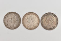 THREE CROWN COINS, to include two Victorian Crowns dated 1900 and 1895, and an Edwardian Crown dated
