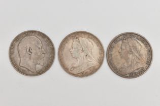 THREE CROWN COINS, to include two Victorian Crowns dated 1900 and 1895, and an Edwardian Crown dated