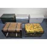 FIVE VARIOUS TRUNKS, to include three various tin trunks, one with Decoupage decoration, a painted