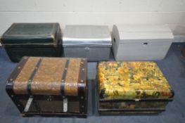 FIVE VARIOUS TRUNKS, to include three various tin trunks, one with Decoupage decoration, a painted