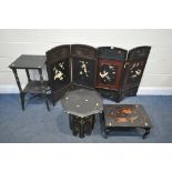 A SELECTION OF ORIENTAL OCCASIONAL FURNITURE, to include two panel screens with chinoiserie