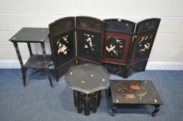 A SELECTION OF ORIENTAL OCCASIONAL FURNITURE, to include two panel screens with chinoiserie