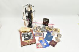 A BOX OF ASSORTED COSTUME JEWELLERY AND COINS, a selection of necklaces, bracelets and brooches