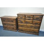 A HARDWOOD RUSTIC STYLE CHEST OF NINE ASSORTED DRAWERS, width 130cm x depth 49cm x height 123cm, and