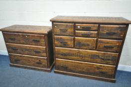 A HARDWOOD RUSTIC STYLE CHEST OF NINE ASSORTED DRAWERS, width 130cm x depth 49cm x height 123cm, and