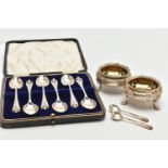 A CASED SET OF TEASPOONS AND PAIR OF SALTS, a cased set of six teaspoons, hallmarked 'Charles