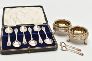 A CASED SET OF TEASPOONS AND PAIR OF SALTS, a cased set of six teaspoons, hallmarked 'Charles