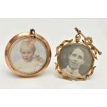 TWO EARLY 20TH CENTURY PHOTO LOCKETS, the first a rolled gold circular locket with double photo