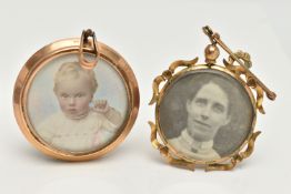 TWO EARLY 20TH CENTURY PHOTO LOCKETS, the first a rolled gold circular locket with double photo