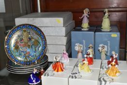 A COLLECTION OF BOXED WEDGWOOD AND ROYAL DOULTON MINIATURE FIGURINES AND A BOXED SET OF ROYAL
