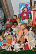 TWO BOXES OF VINTAGE DOLLS, to include a Mattel Ken doll in his camping outfit, two Mattel Barbie