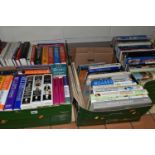 FOUR BOXES OF BOOKS containing approximately ninety-five titles in hardback and paperback formats,