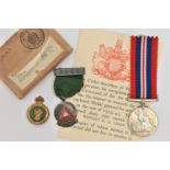 A WWII MEDAL AND OTHERS, unassigned WWII medal with a red, blue and white stripe ribbon, with box, a