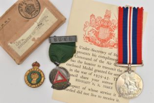 A WWII MEDAL AND OTHERS, unassigned WWII medal with a red, blue and white stripe ribbon, with box, a