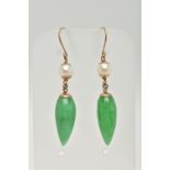 A PAIR OF JADE AND CULTURED PEARL DROP EARRINGS, designed as a jade drop suspended from a cultured