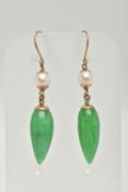 A PAIR OF JADE AND CULTURED PEARL DROP EARRINGS, designed as a jade drop suspended from a cultured
