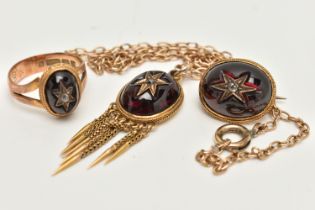 A 9CT GOLD GARNET AND DIAMOND RING, PENDANT NECKLACE AND BROOCH, the ring set with an oval garnet